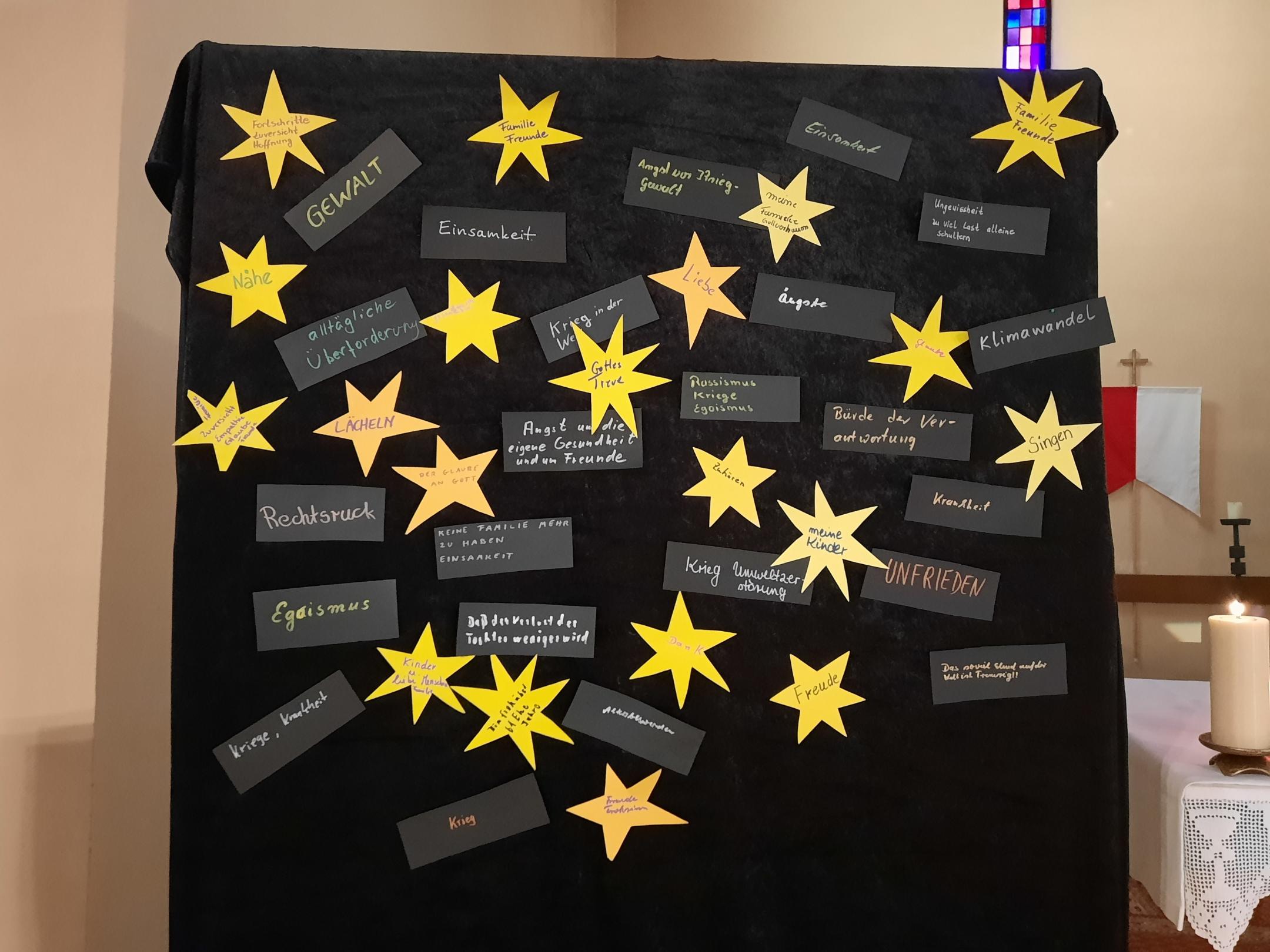 Gelbe Sterne und schwarze Schilder auf einer schwarzen Leinwand (c) Ulrike Kaub Gelbe Sterne und schwarze Schilder auf einer schwarzen Leinwand