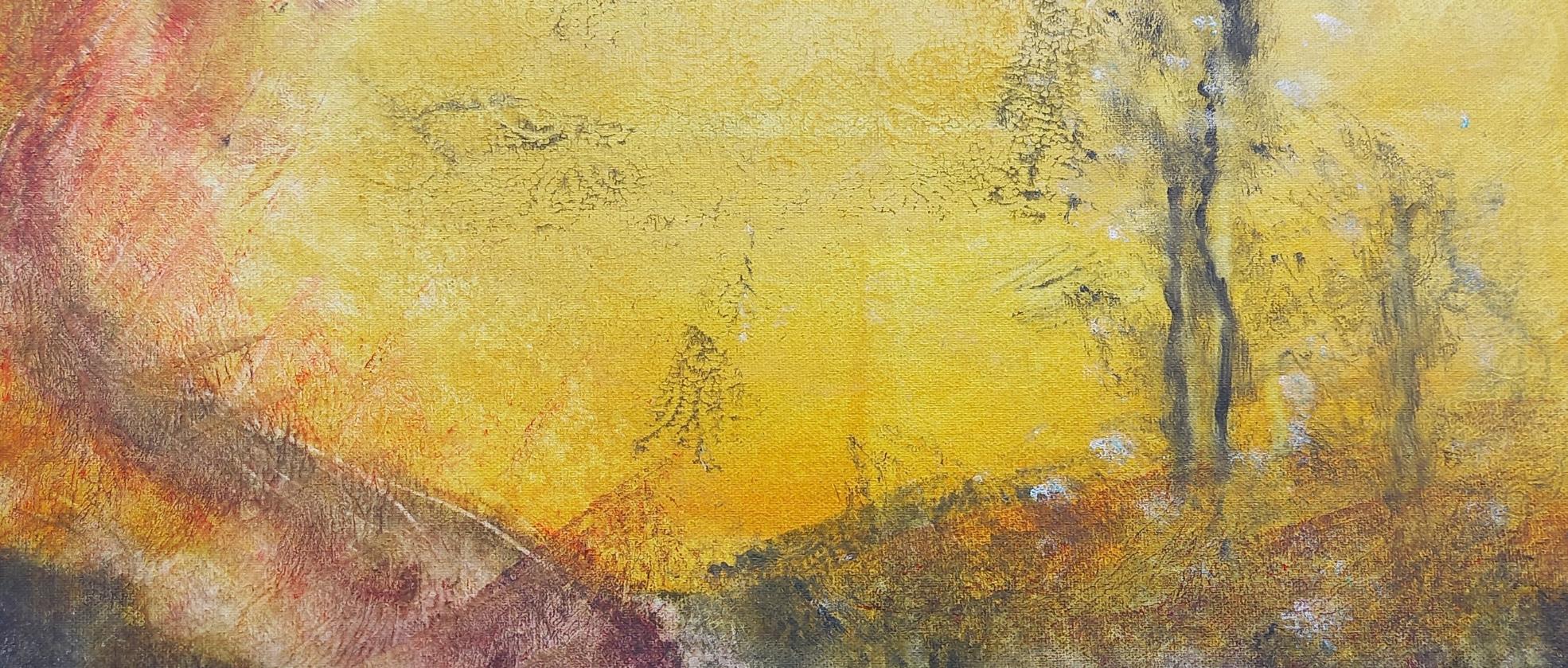 Ein Kunstwerk in hellen Farben , dahinter ein Figur oder  ein Baum