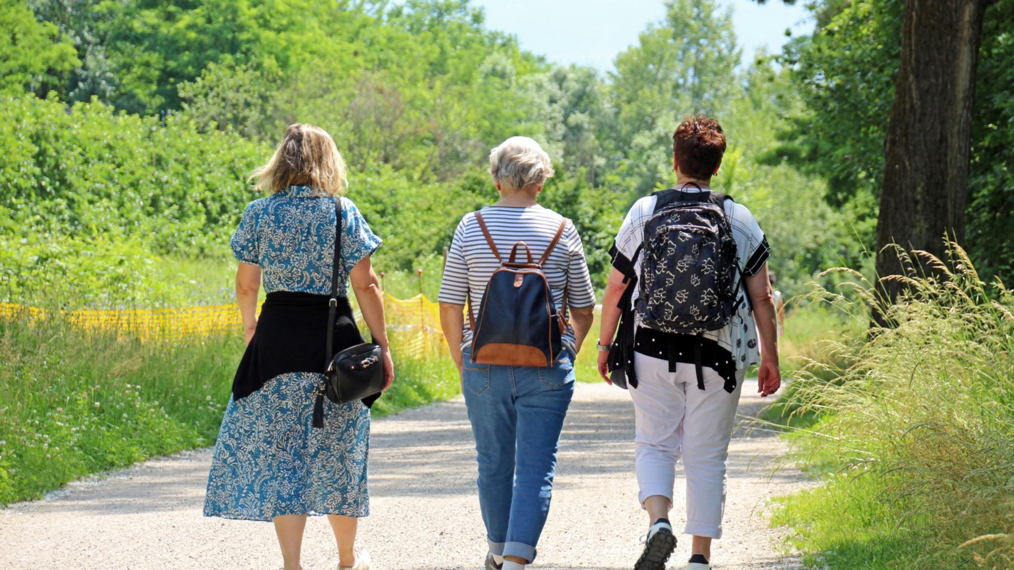 drei Frauen gehen gemeinsam einen Weg entlang