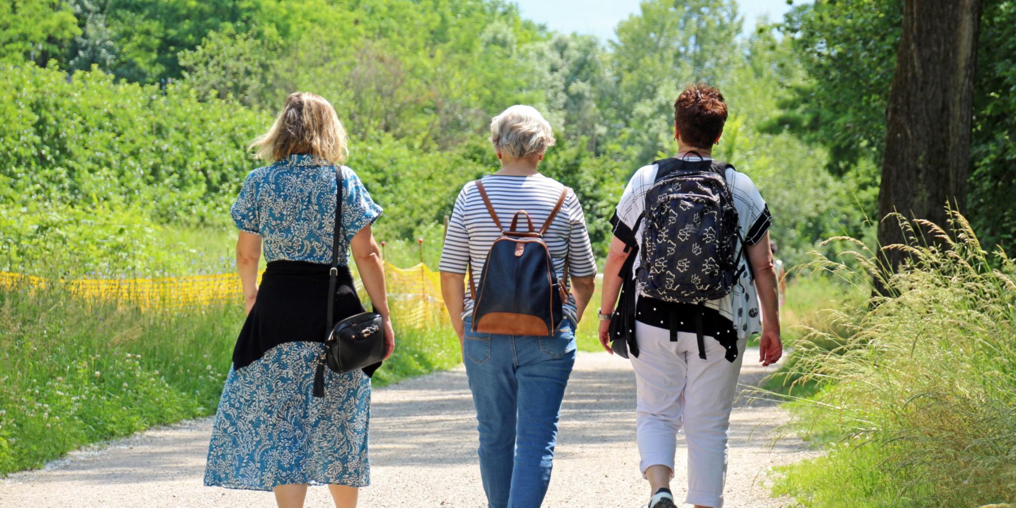 drei Frauen gehen gemeinsam einen Weg entlang