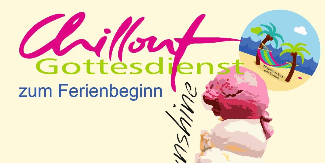 ein Plakat mit der Einladung zum Feriengottesdienst in die Mia am 6.Juli um 18:15 Uhr.