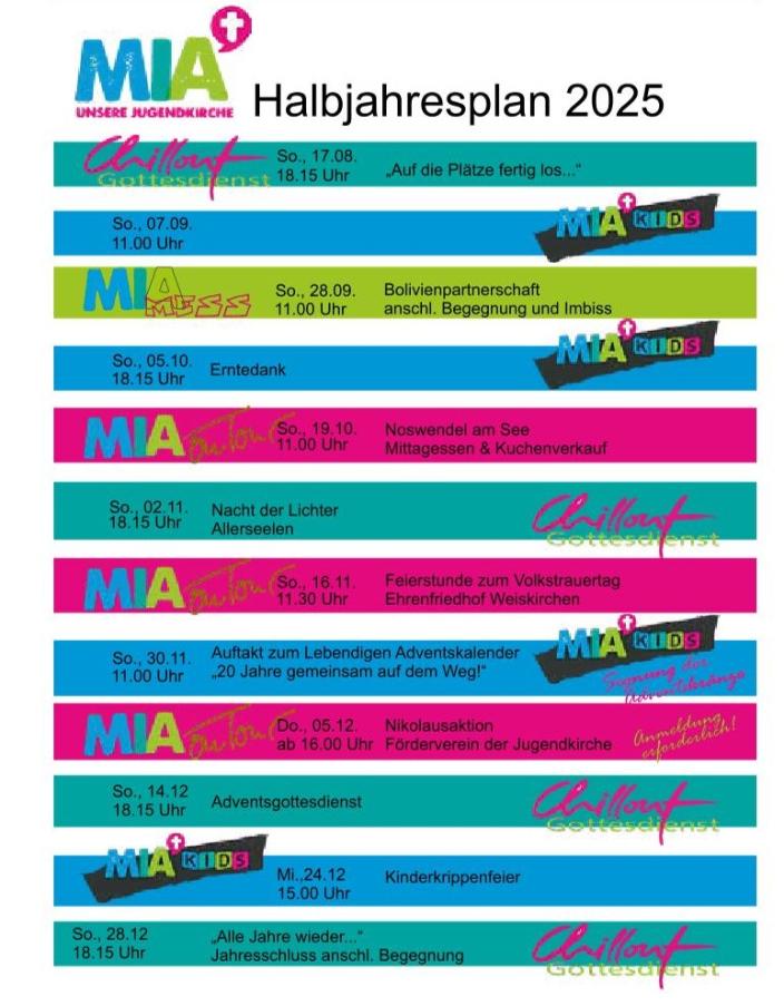 Progammplan Halbjahr 25 der Jugendkirche Mia