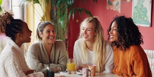 Frauen sitzen am Tisch und unterhalten sich