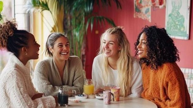 Frauen sitzen am Tisch und unterhalten sich