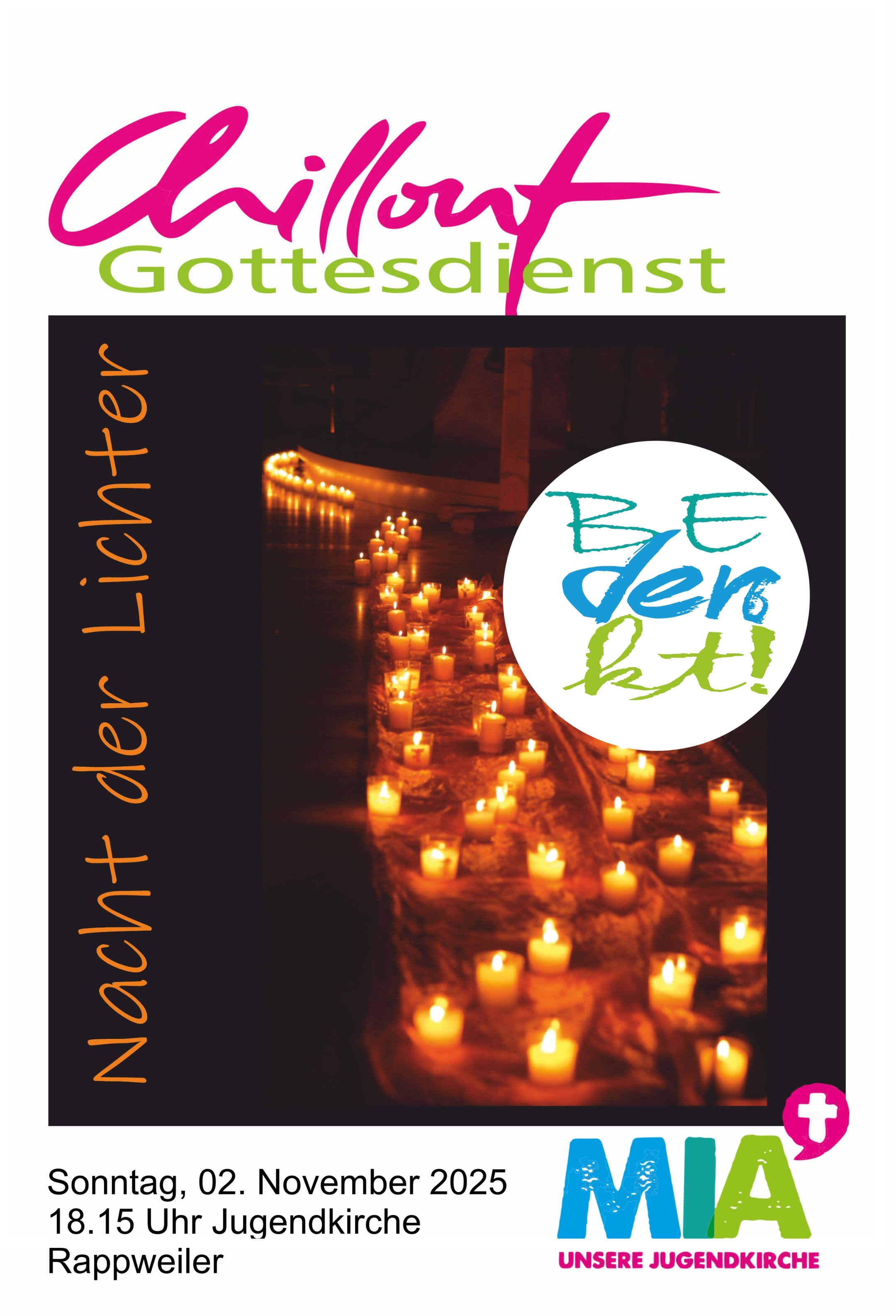 Plakat mit der Einladung zur Nacht der Lichter am 2.11.25 in die Jugendkirche Mia