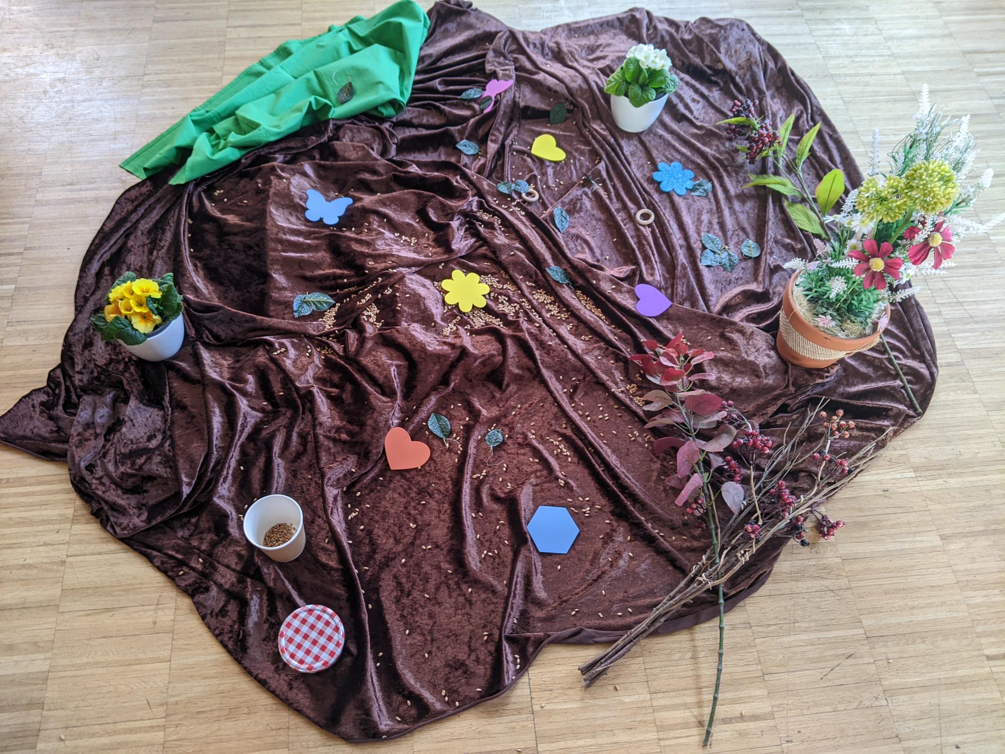 ein Tuch mit Karten und Symbolen zur Ideensammlung