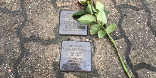 Zwei Stolpersteine auf der Straße daneben liegt eine Rose