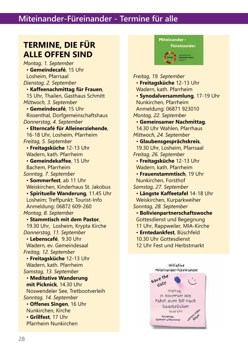 Terminkalender im Pastoralen Raum im Monat September unter dem Titel Miteinander Füreinander