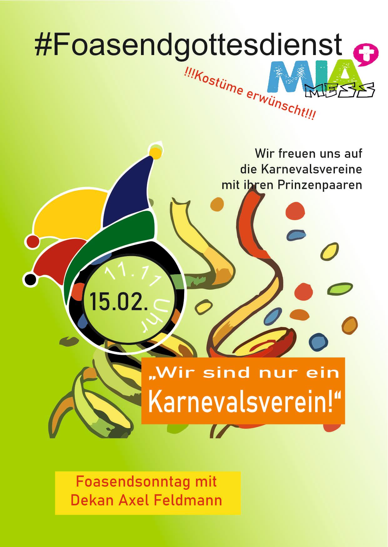 Plakat zum Karnevalsgottesdienst in der Mias am 15.02.26