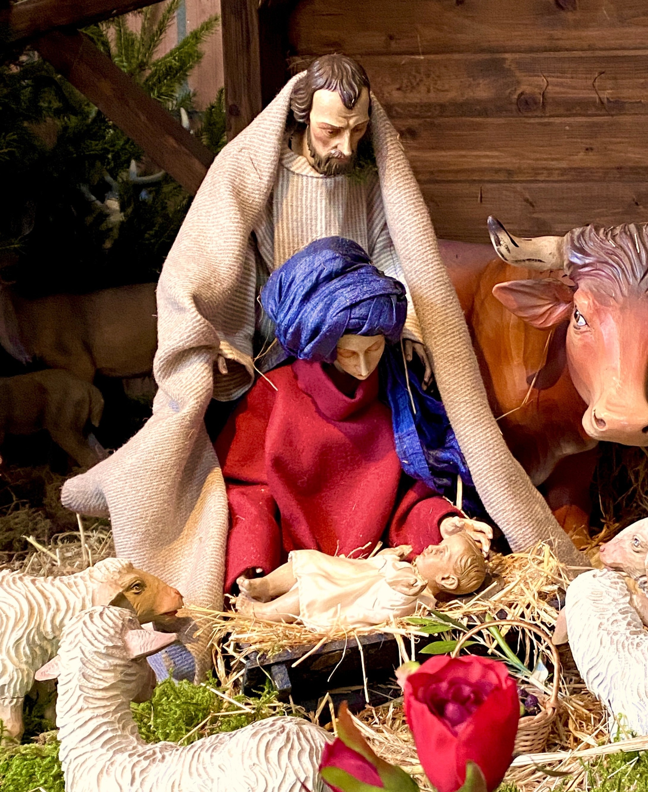 eine Krippendarstellung mit Maria, Josef, Jesus, Ochs und Schafen