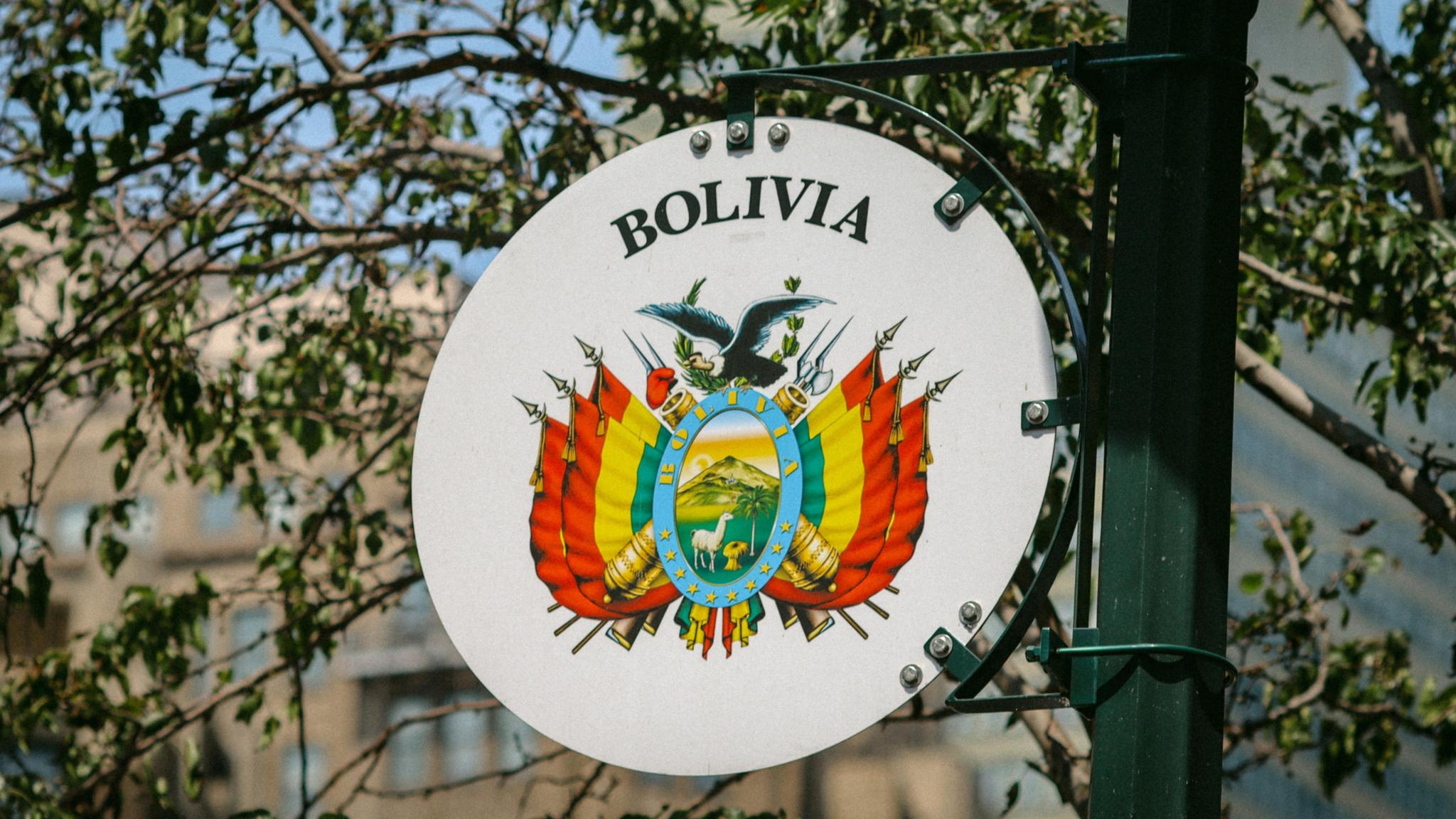 Die Flagge von Bolivien auf einem Schild an einem Baum aufgehängt