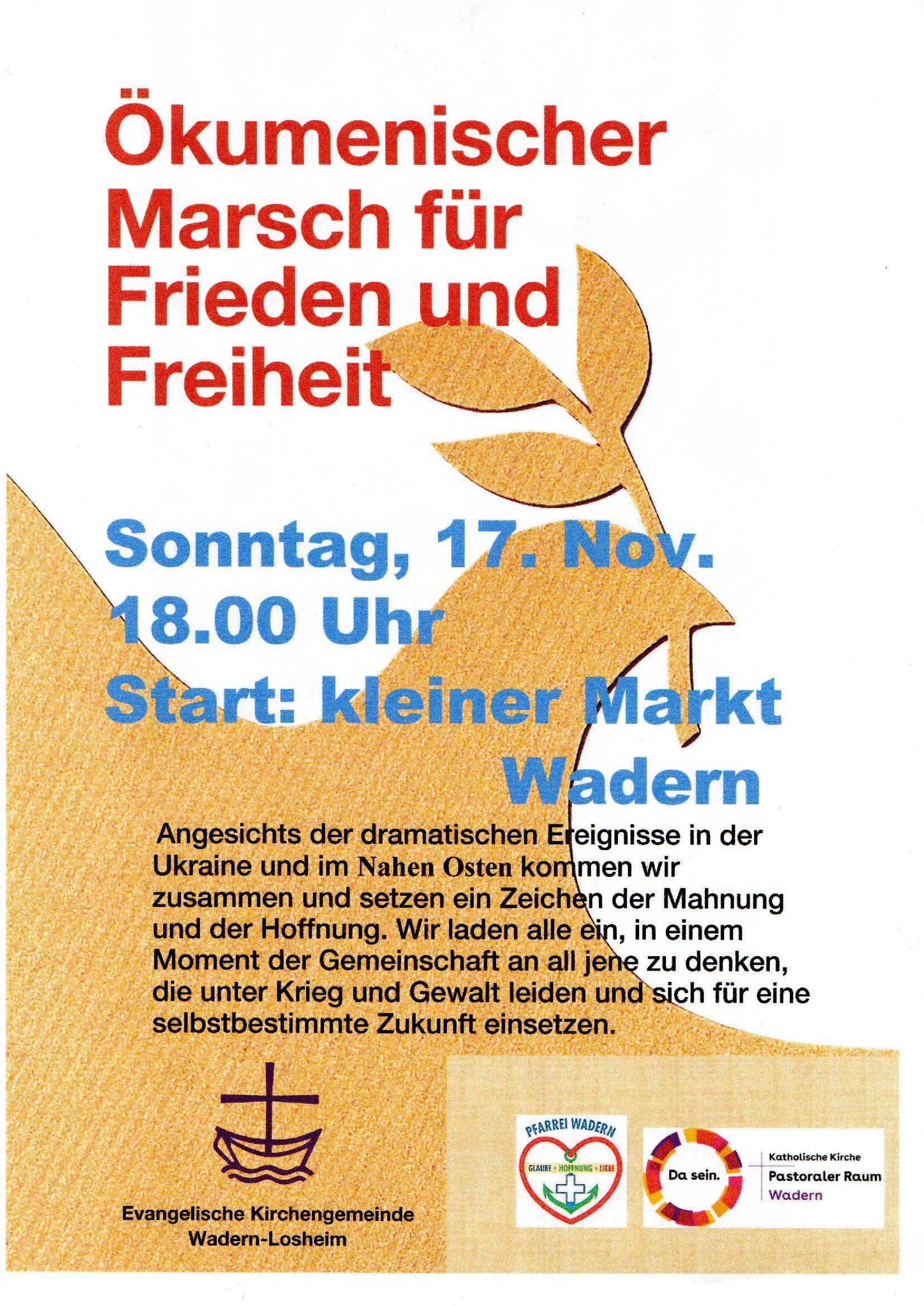 Plakat zum Friedensmarsch in Wadern mit einer Friedenstaube im Hintergrund