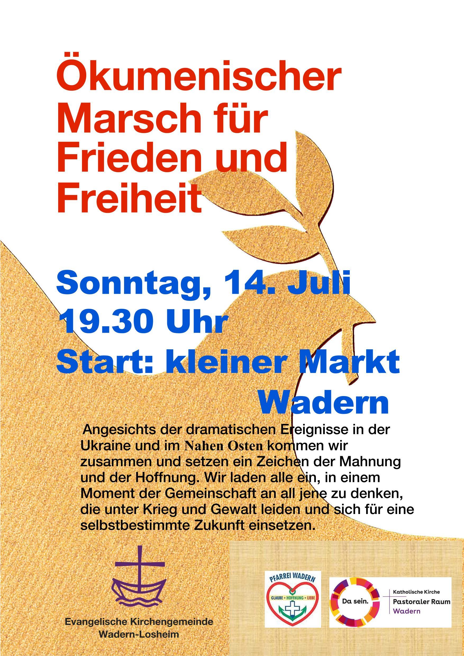 Plakat ökumenischer Marsch für den Frieden 14. Juli 2024