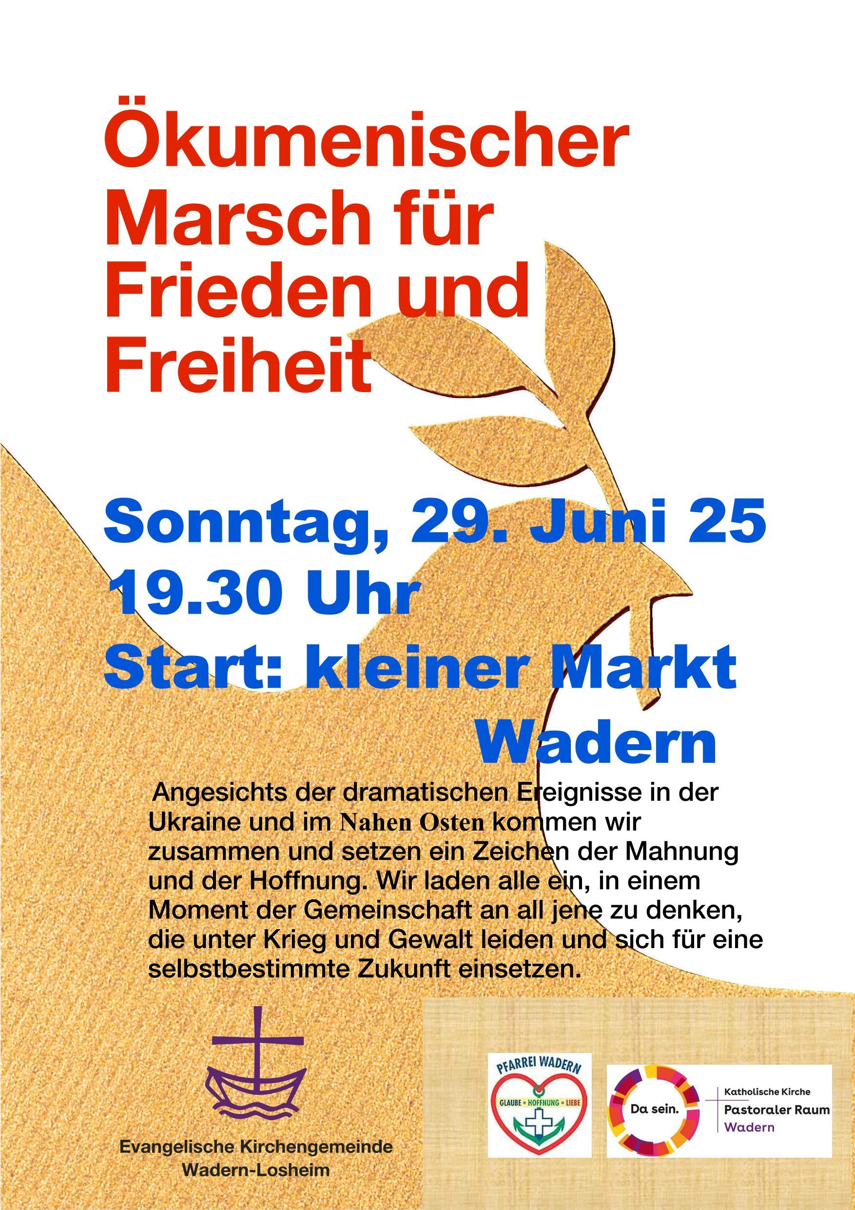 Plakat zum Friedensmarsch in Wadern mit einer Friedenstaube im Hintergrund
