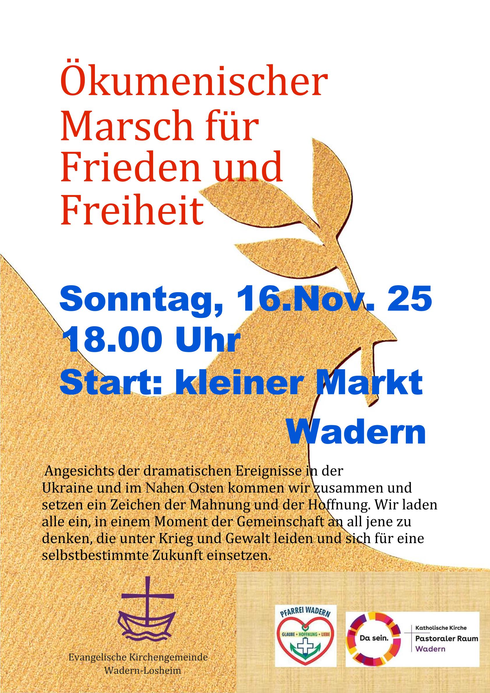 Plakat zum Friedensmarsch in Wadern mit einer Friedenstaube im Hintergrund