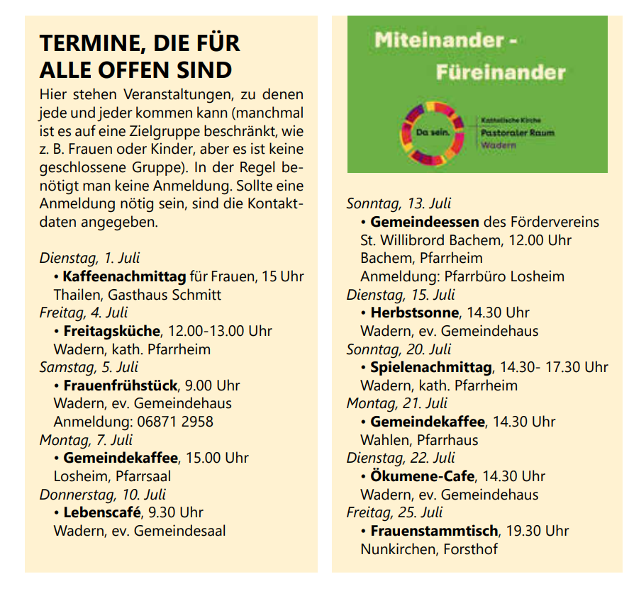 Kalender offener Termine im Pastoralen Raum Wadern Juli 2025