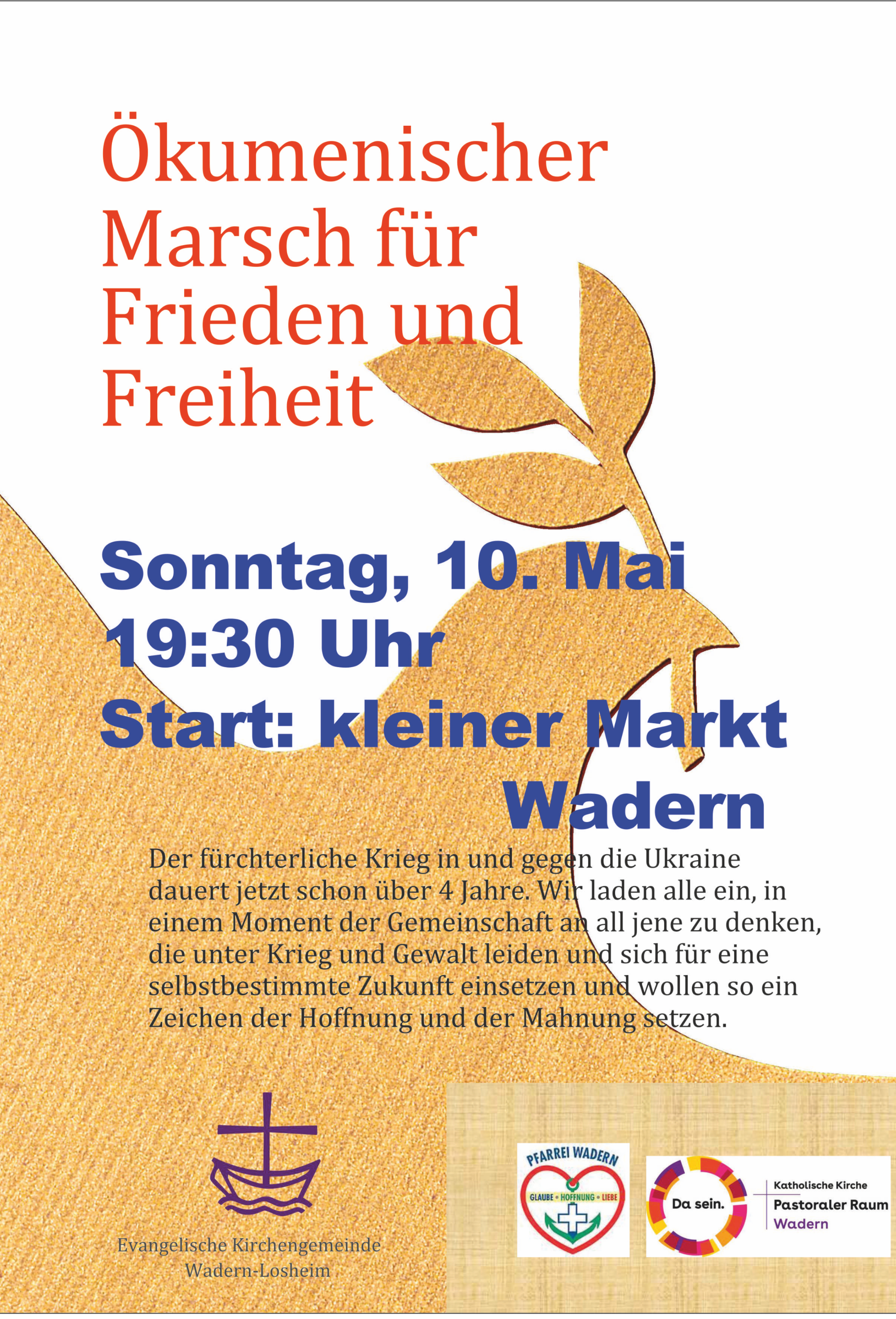 Plakat zum Friedensmarsch in Wadern mit einer Friedenstaube im Hintergrund